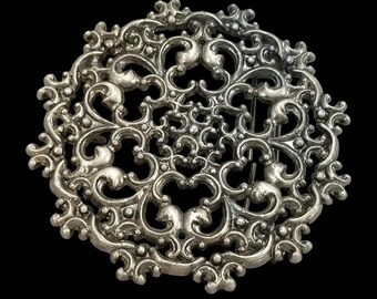 Ornate Filigree Round Belt Buckle Silver Tone Ornate 