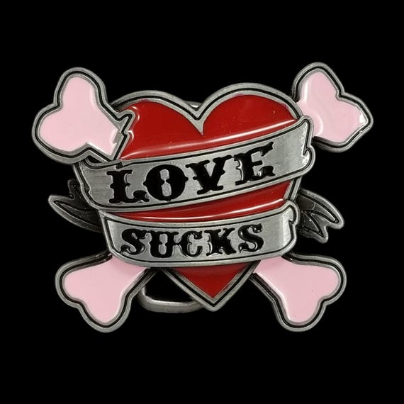 Love Sucks Heart Crossbones Belt Buckle Red Pink Enamel Tattoo Style Punk Rock