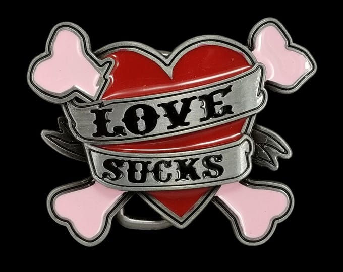 Love Sucks Heart Crossbones Belt Buckle Red Pink Enamel Tattoo Style Punk Rock