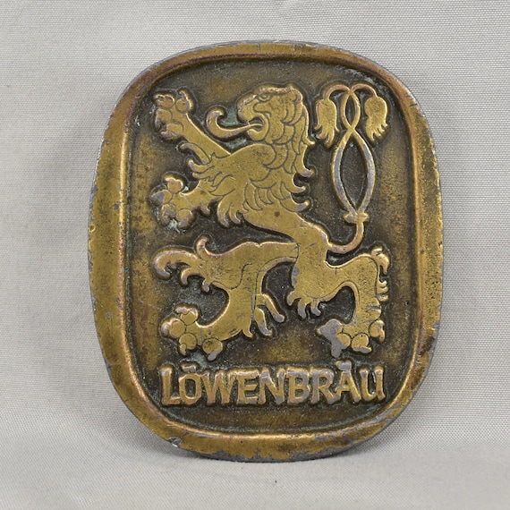 Vintage Lowenbrau Beer Belt Buckle Brass Lion Crest German Brewery Collectible
