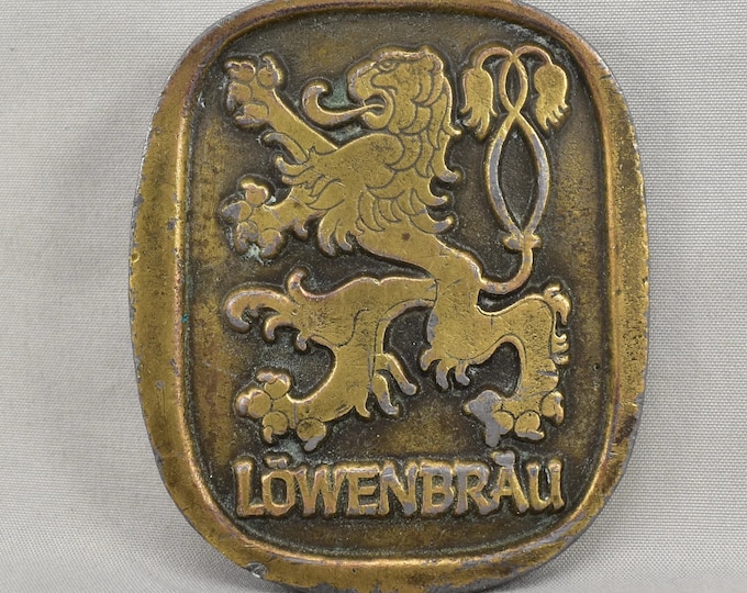 Vintage Lowenbrau Beer Belt Buckle Brass Lion Crest German Brewery Collectible