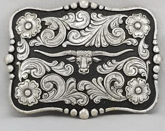 Vintage Belt Buckle Longhorn Bull Western Cowboy Rodeo Flowers Filigree USA Made By Nocona Buckles Gift