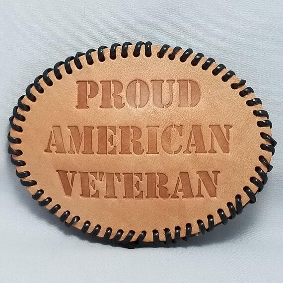 Proud American Veteran Leather Belt Buckle Oval Black Stitch USA Pride
