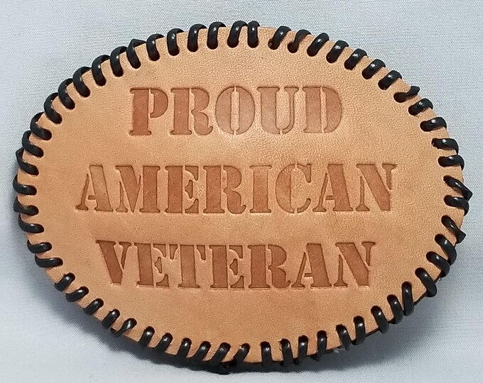 Proud American Veteran Leather Belt Buckle Oval Black Stitch USA Pride