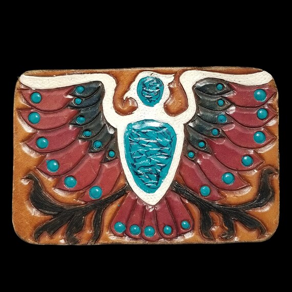 Vintage Belt Buckle Leather On Metal Eagle Bird Mexican Native American Indian