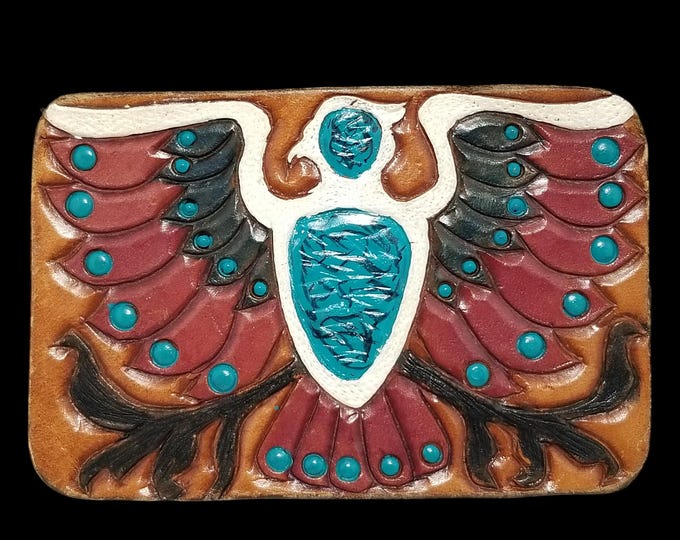 Vintage Belt Buckle Leather On Metal Eagle Bird Mexican Native American Indian