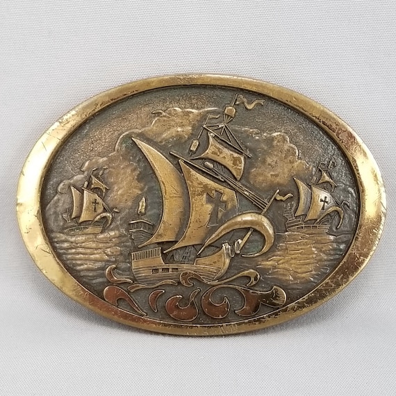 Vintage Belt Buckle Solid Brass Christopher Columbus Nina Pinta Santa Maria