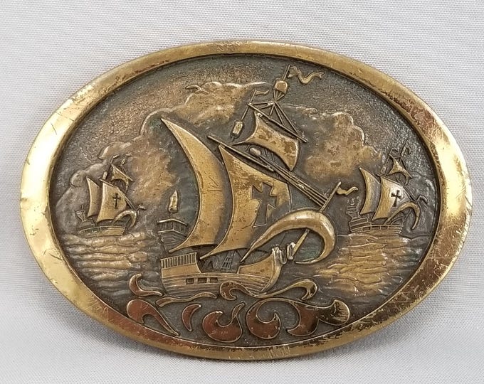 Vintage Belt Buckle Solid Brass Christopher Columbus Nina Pinta Santa Maria