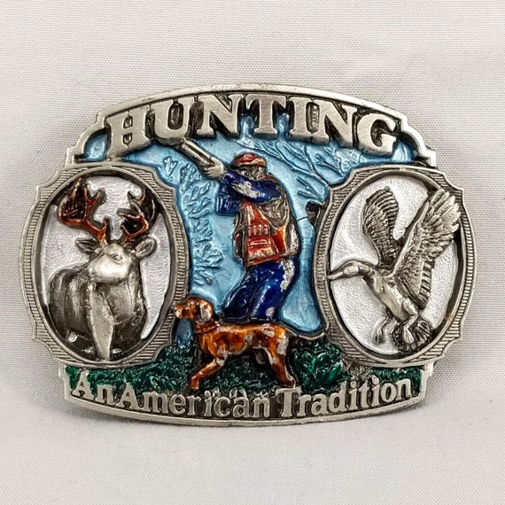 Vintage 1986 Hunting Belt Buckle: Pewter American Tradition