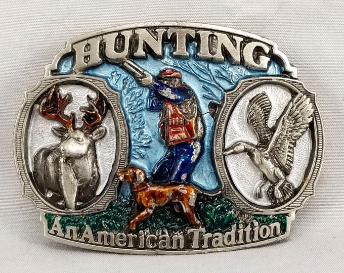 Vintage 1986 Hunting Belt Buckle: Pewter American Tradition