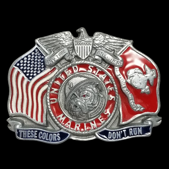 Vintage Belt Buckle Pewter 1991 USMC US Marines These Colors Don't Run Semper Fi