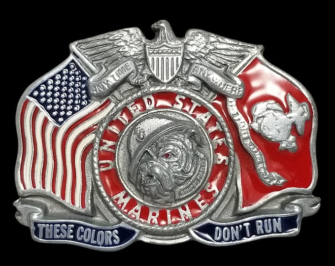 Vintage Belt Buckle Pewter 1991 USMC US Marines These Colors Don't Run Semper Fi