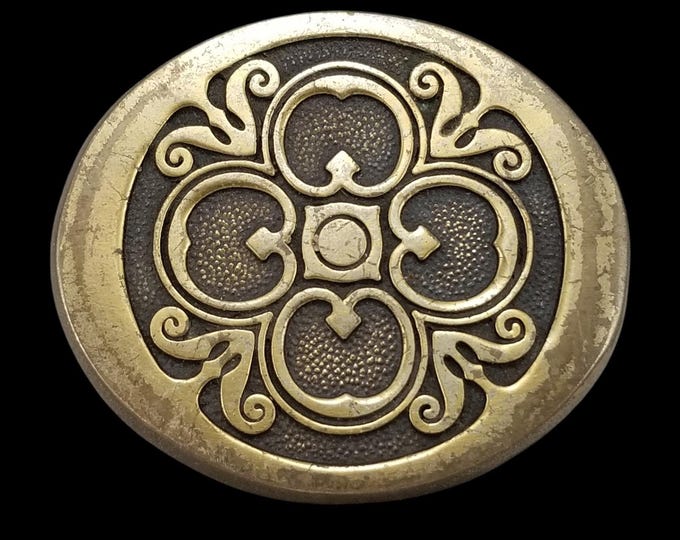 Vintage Solid Brass Belt Buckle 1978 Ornate Scrollwork Clover Design Made in USA
