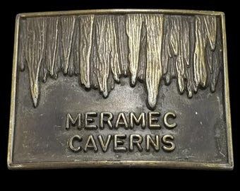 Hebilla de cinturón vintage de recuerdo de las Cavernas de Meramec en tono dorado
