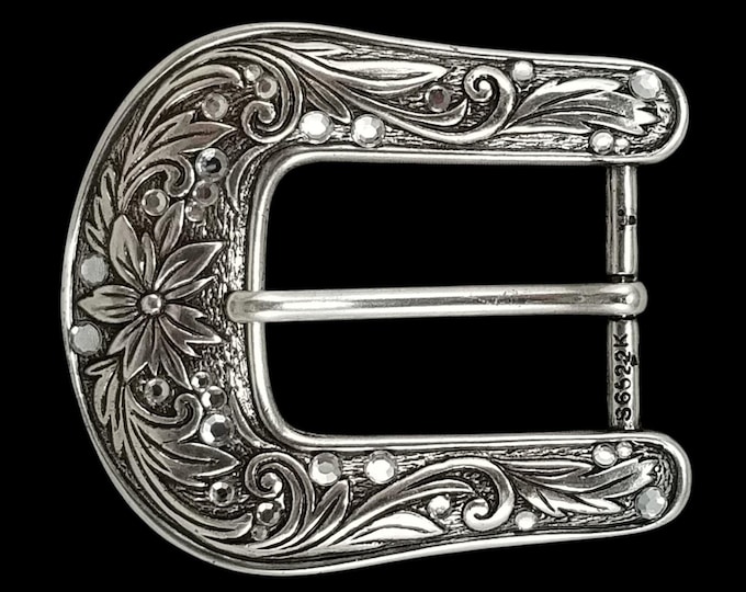 Vintage Pin Belt Buckle Western Floral Silver Rhinestone Engraved Horseshoe
