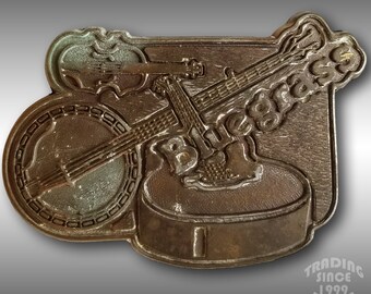 Vintage Belt Buckle Bluegrass Music Banjo Guitar Fiddle Violin Gold Color Gift