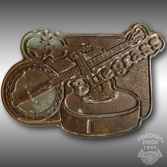 Vintage Belt Buckle Bluegrass Music Banjo Guitar Fiddle Violin Gold Color Gift