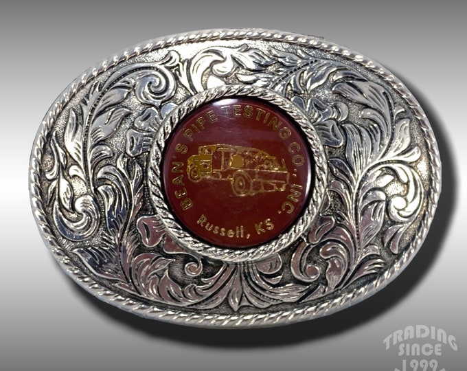 Belt Buckle Bean's Pipe Testing Co, Inc. Russell, Kansas Silver Color Oval Weste