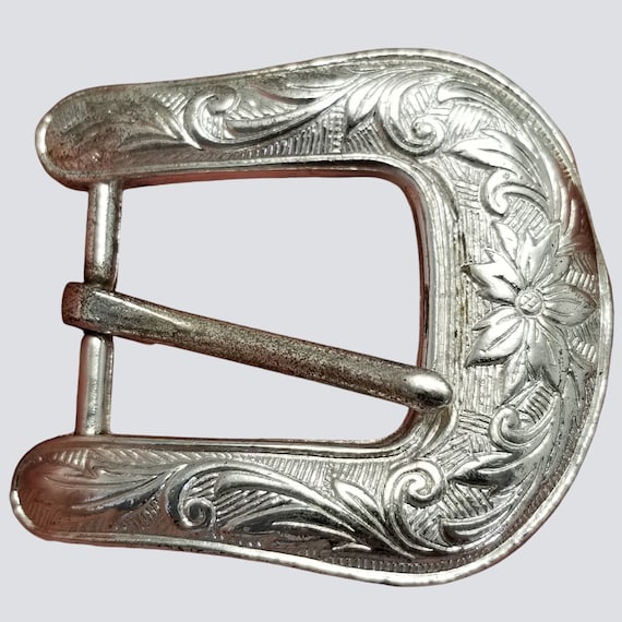 Vintage Silver Tone Floral Engraved Western Pin Belt Buckle  display picture 3