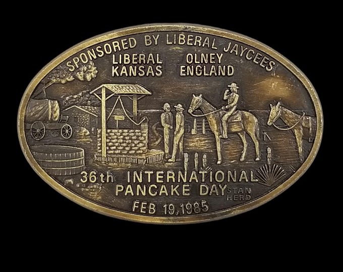 Liberal Jaycees Belt Buckle International Pancake Day 1985 Solid Brass Stan Herd