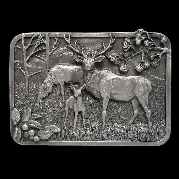 Vintage 1982 Siskiyou Deer Family Belt Buckle Pewter Elk Wildlife Scene Collectible