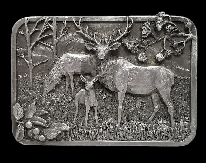 Vintage 1982 Siskiyou Deer Family Belt Buckle Pewter Elk Wildlife Scene Collectible