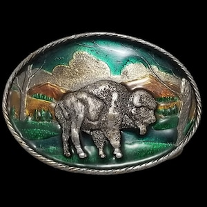 VTG Belt Buckle 1980 Colored Buffalo Bison Landscape Great American Buckle Co US