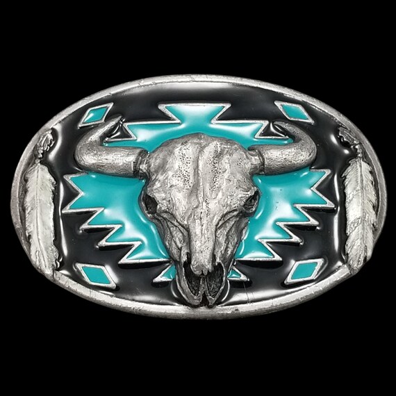 Vintage Belt Buckle 1993 Pewter Cow Skull Native American Indian Tribal Western