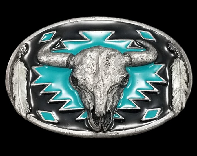 Vintage Belt Buckle 1993 Pewter Cow Skull Native American Indian Tribal Western
