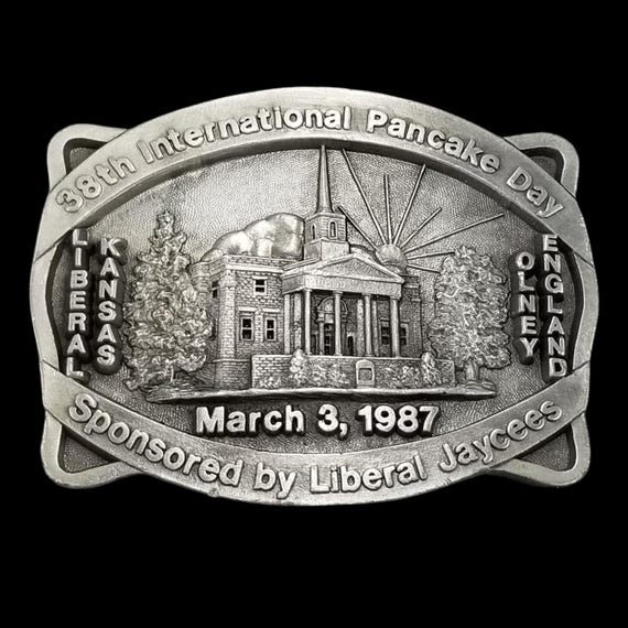 1987 International Pancake Day Belt Buckle Liberal Kansas Olney England