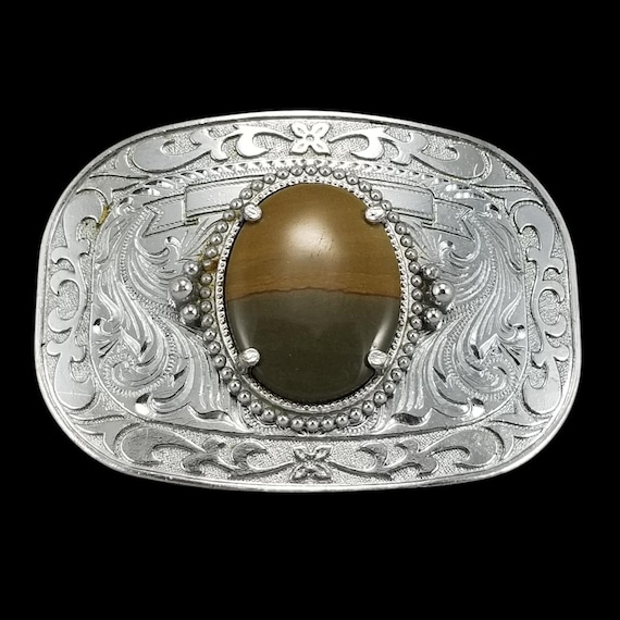 Vintage Western Silver Tone Floral Engraved Belt Buckle with Brown Jasper Stone