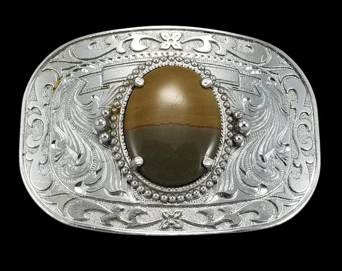 Vintage Western Silver Tone Floral Engraved Belt Buckle with Brown Jasper Stone