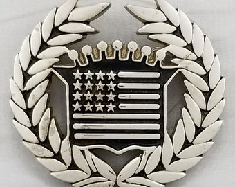 Belt Buckle Cadillac Logo American Flag Wreath Crown Crest Heavy Silver Color USA Made By Famous Stars & Straps