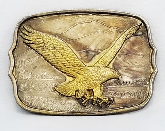 Vintage Belt Buckle American Gold Eagle Flying Landscape Mountains Gold Color