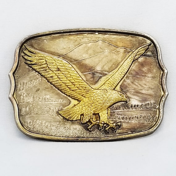 Vintage Belt Buckle American Gold Eagle Flying Landscape Mountains Gold Color