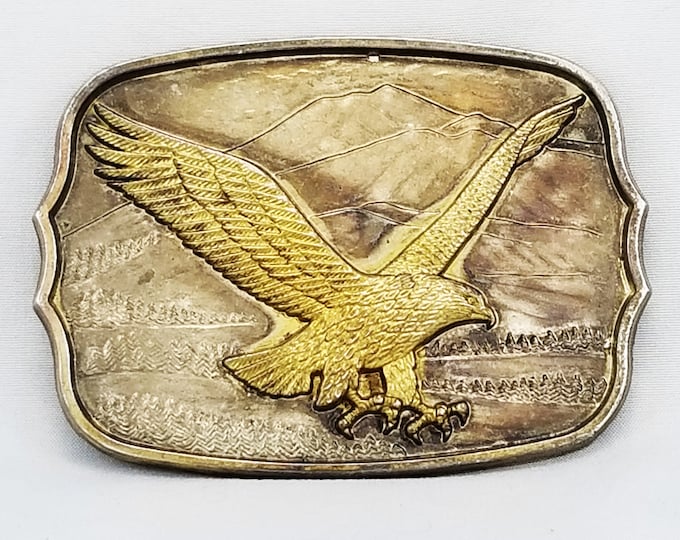 Vintage Belt Buckle American Gold Eagle Flying Landscape Mountains Gold Color
