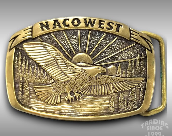 Belt Buckle 1981 Solid Brass Nacowest American Eagle Flying Lake Sunshine