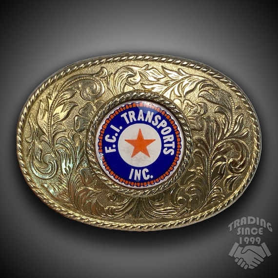 Vintage F.C.I. Transports Belt Buckle – Gold Color Western Filigree Design