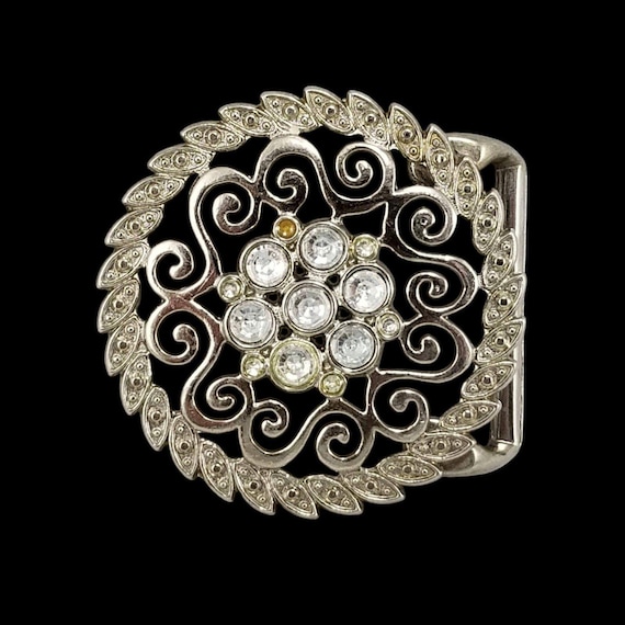 Vintage Belt Buckle, Clear Rhinestone Scrollwork Medallion, Leaf Border