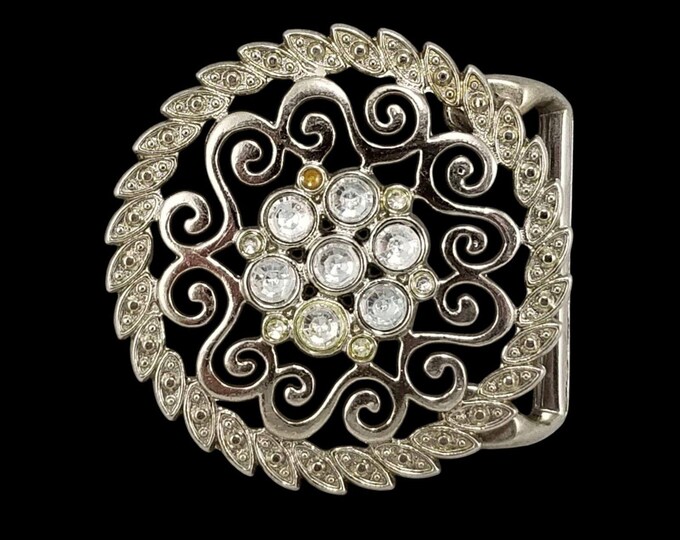 Vintage Belt Buckle, Clear Rhinestone Scrollwork Medallion, Leaf Border