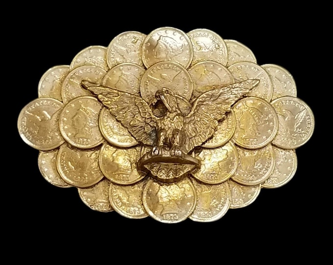 Belt Buckle Vintage Style Eagle 1873 Liberty Coin Replica Gold Tone Scalloped