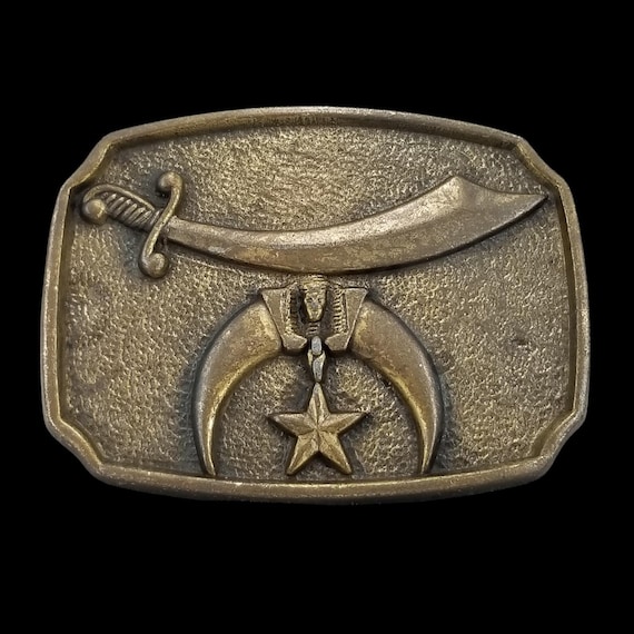 Shriners Masonic Belt Buckle Sword Crescent Star Vintage Metal USA Made