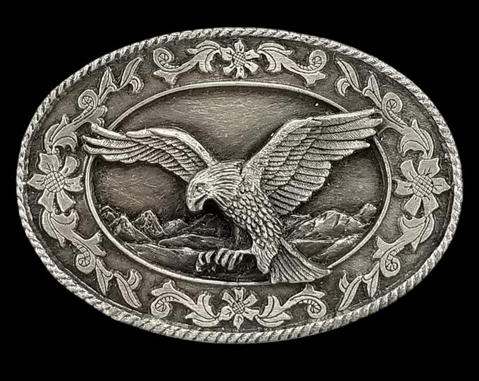 Vintage 1985 Siskiyou Buckle Co Eagle Mountains Western Small Belt Buckle Pewter