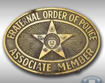Vintage Belt Buckle Fraternal Order Of Police Associate Member Jus Fidus Libertatum Oval Gold Color USA Made By PJ