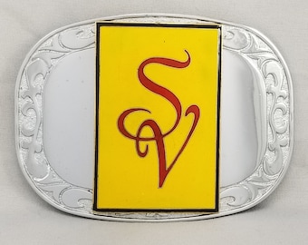 Belt Buckle SV Initials Letters Western Style Filigree Etched Shiny Chrome-Like