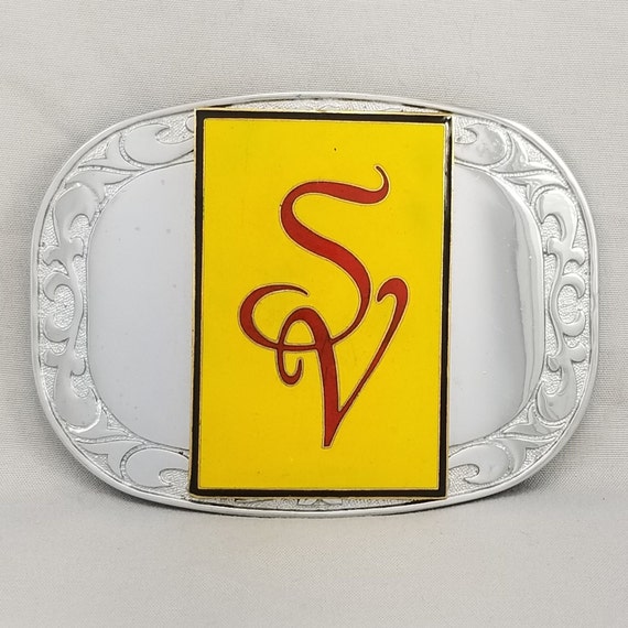 Belt Buckle SV Initials Letters Western Style Filigree Etched Shiny Chrome-Like