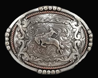 Bronco Rider Western Belt Buckle, Engraved Scroll Rodeo Design
