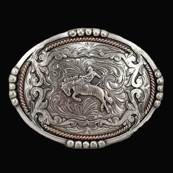 Bronco Rider Western Belt Buckle, Engraved Scroll Rodeo Design