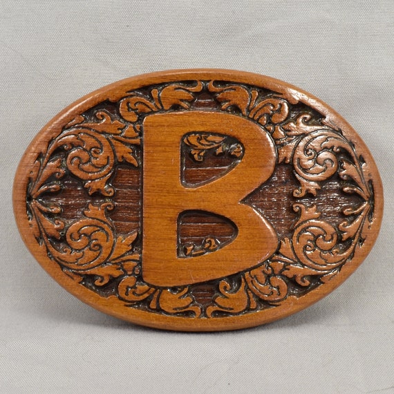 Belt Buckle Wood Letter B Carved Filigree Western Etched Engraved Inlay