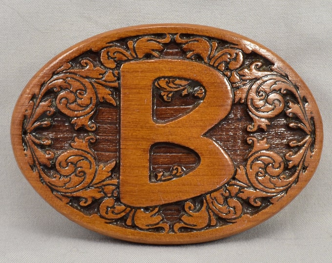 Belt Buckle Wood Letter B Carved Filigree Western Etched Engraved Inlay